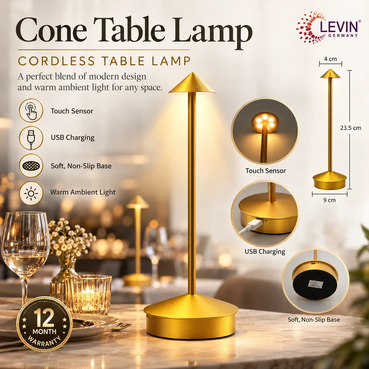 LEVIN Cone Gold Rechargeable Table Lamp