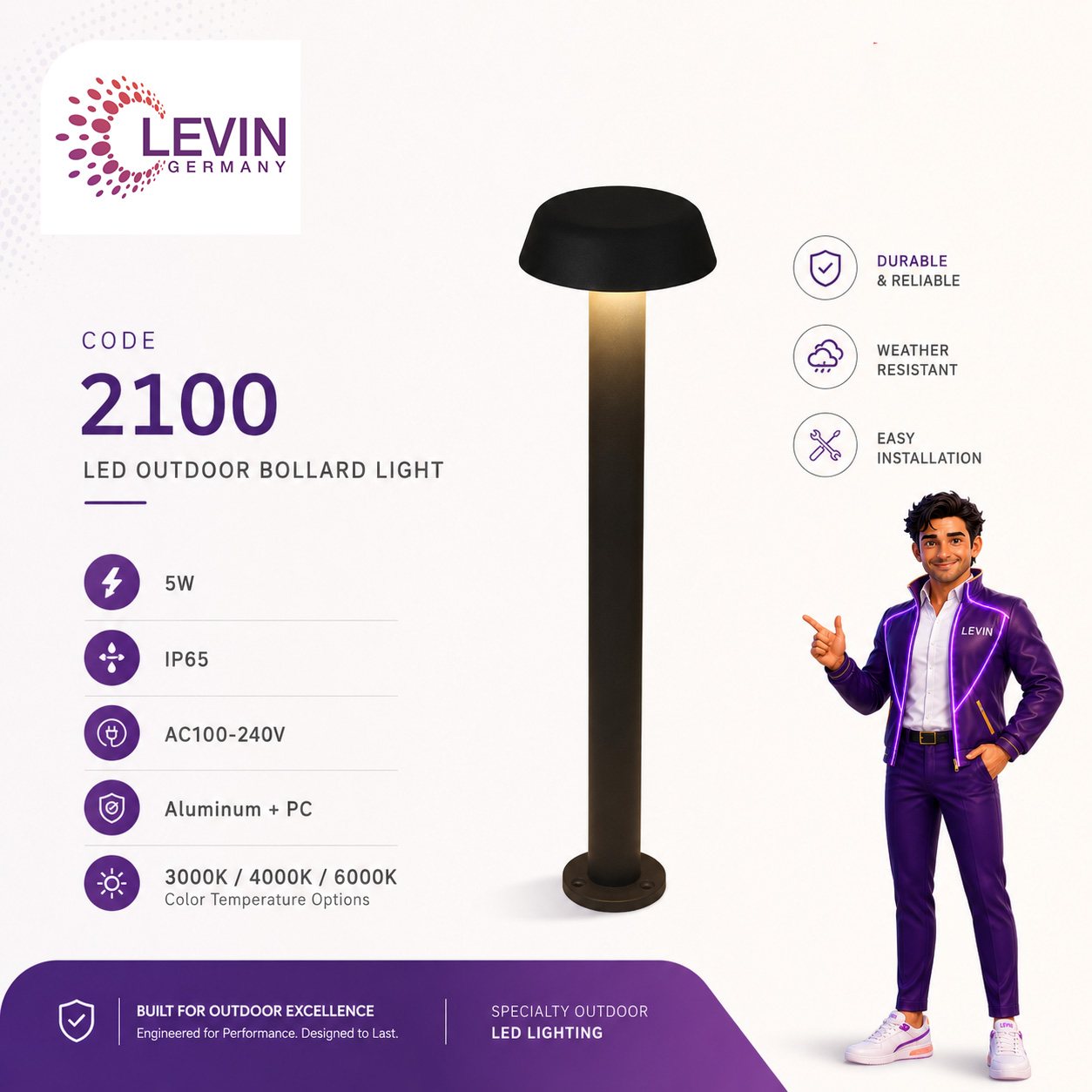 Levin Mushroom Bollard Light 5W 600mm IP65