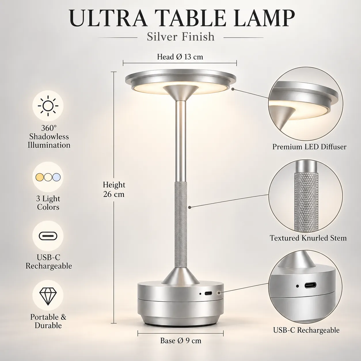Silver Cordless Table Lamp
