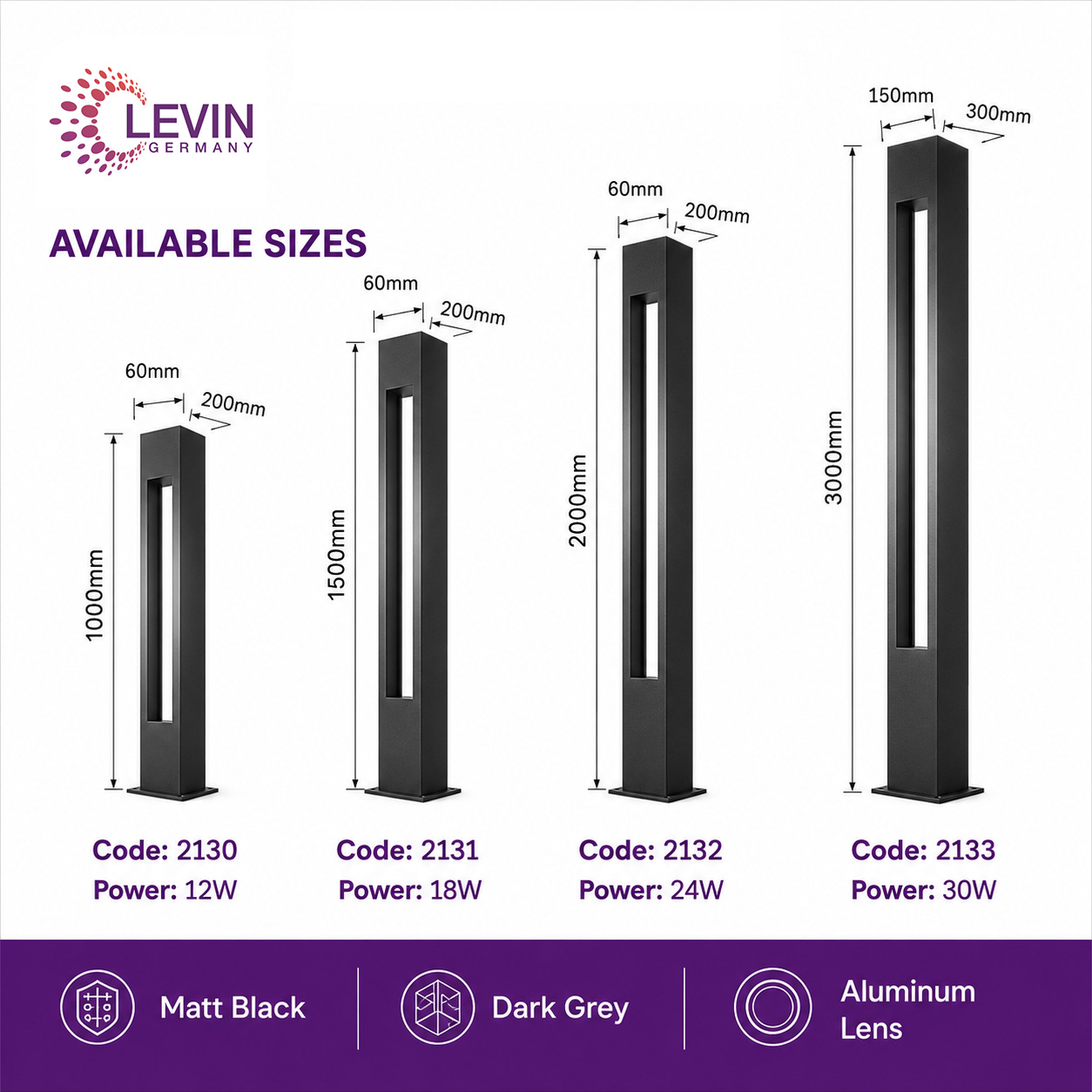 Levin LED Bollard Light 12W / 18W / 24W / 30W IP65 - Image 7