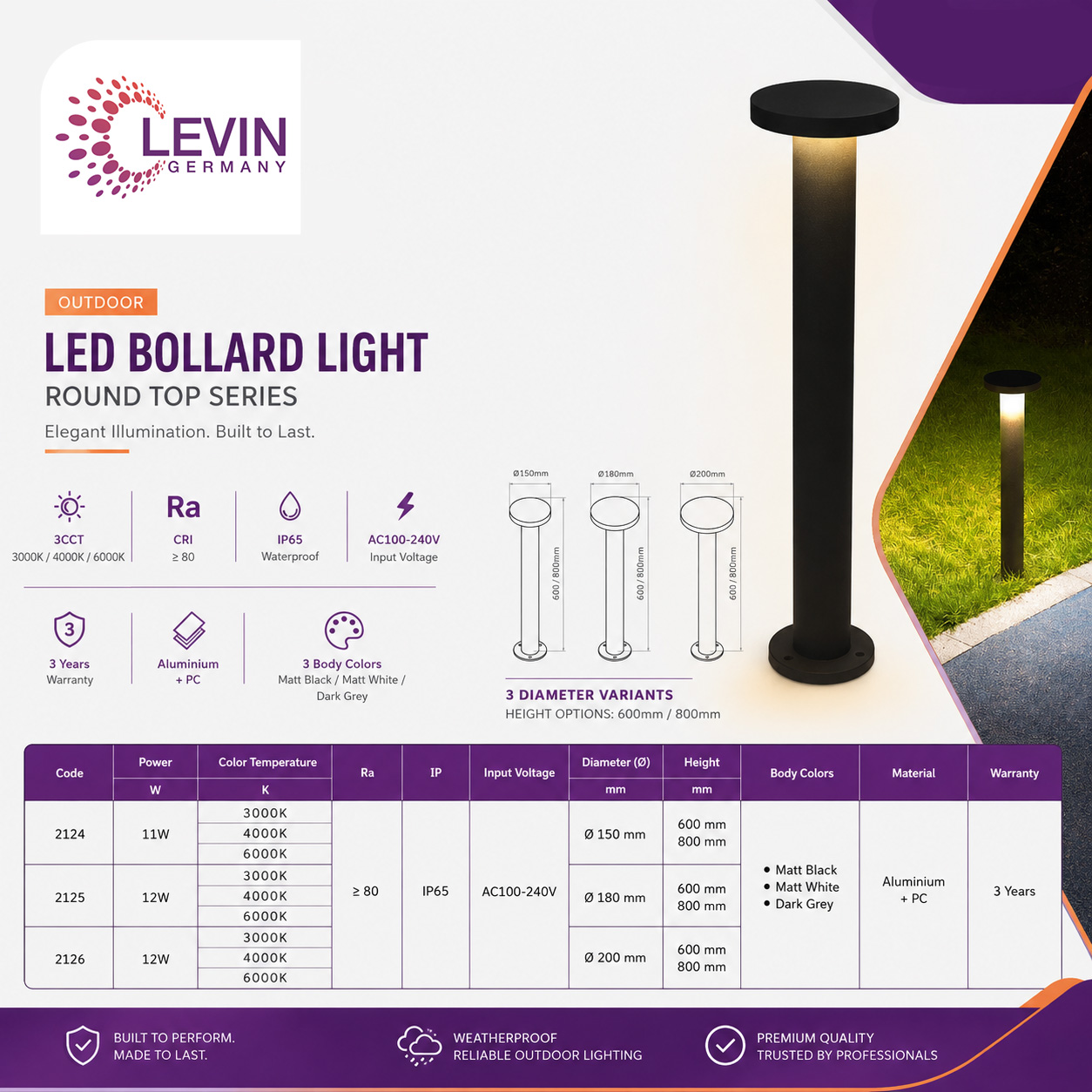 Levin Round Top Bollard Light 11W and 12W IP65