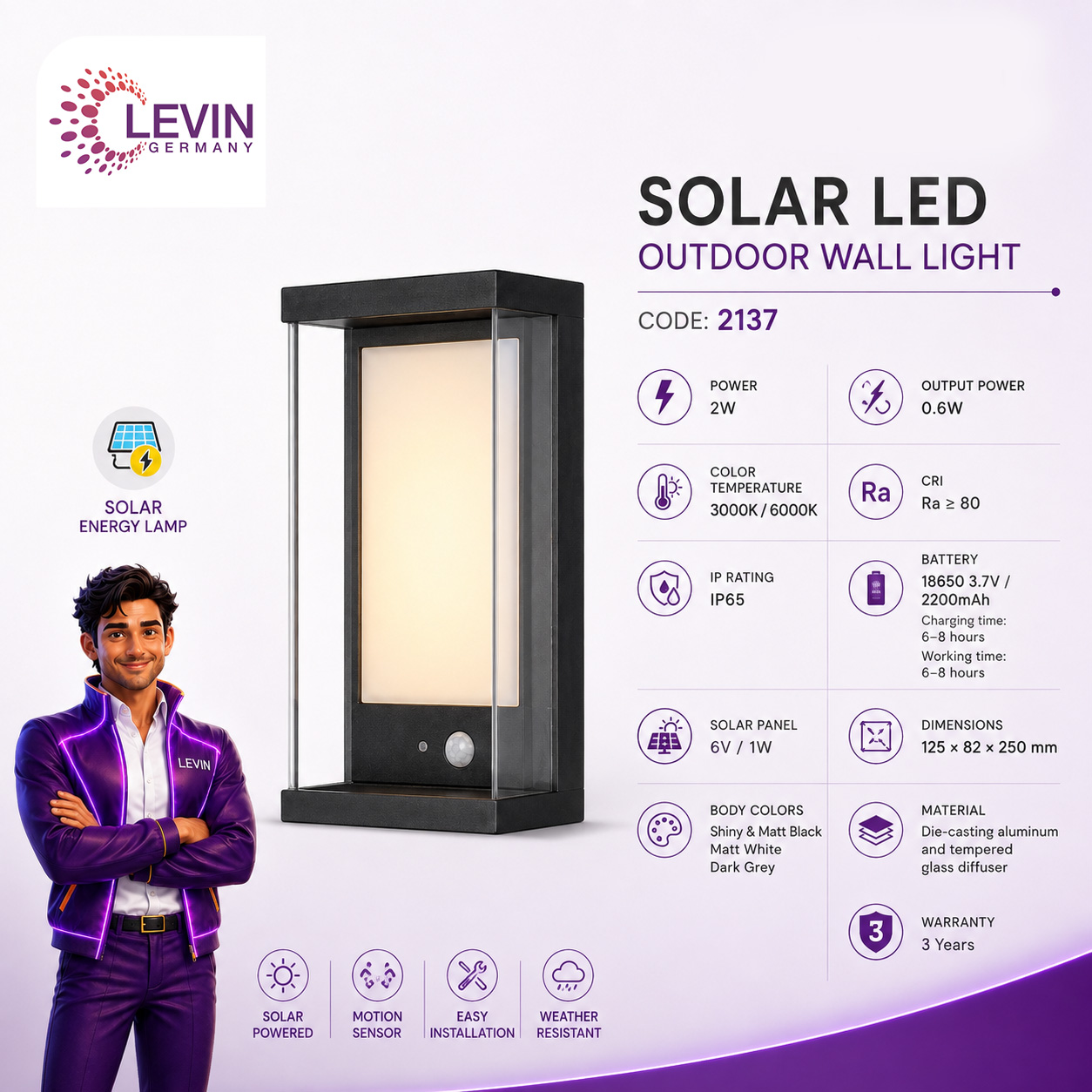 Levin Solar Lantern Wall Light 2W IP65
