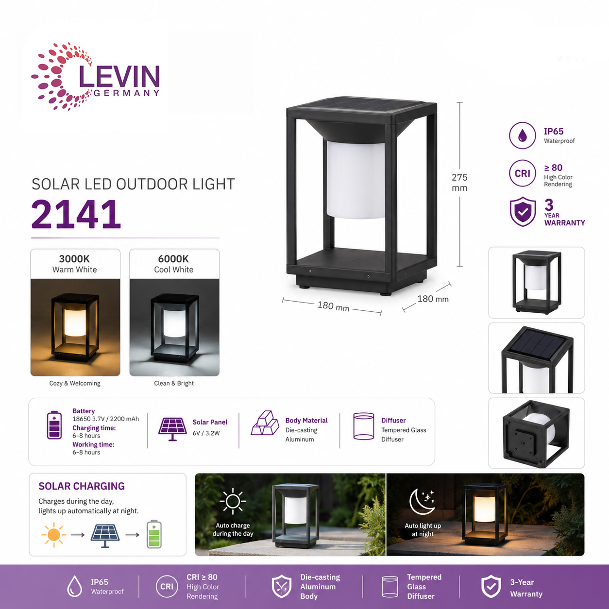 Levin Square Solar Lantern 2W IP65