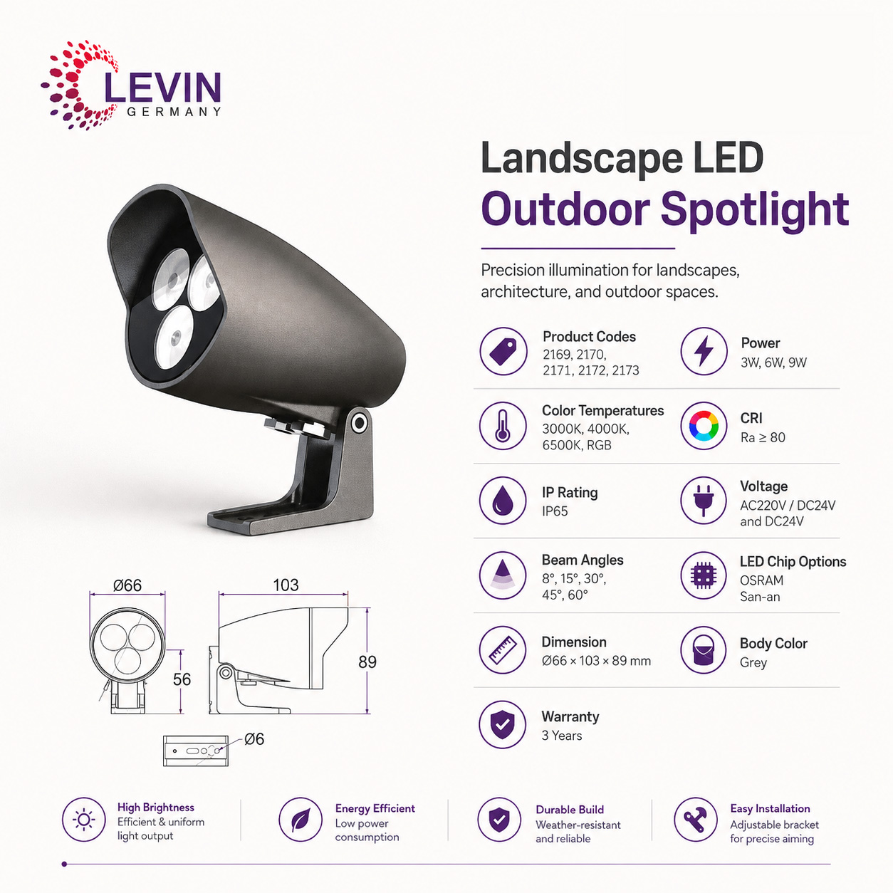 Levin RGB Outdoor Spotlight with San-an LEDs