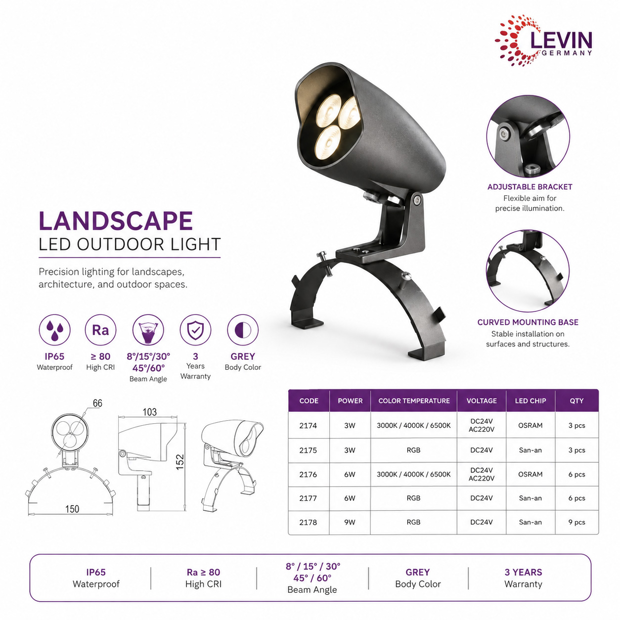 Levin Compact Landscape Light with Curved Support