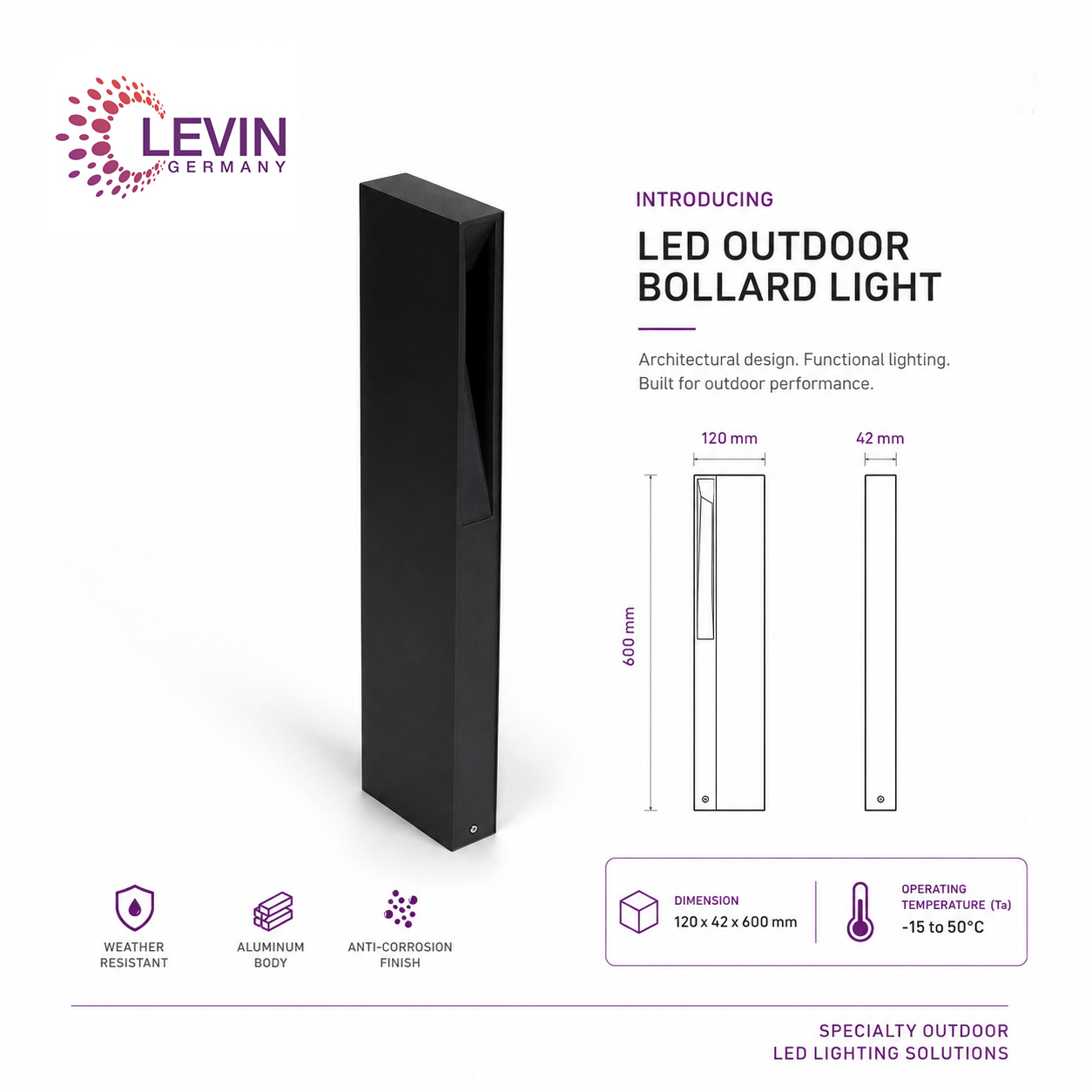Levin Outdoor Bollard Code 2119 3W 600mm