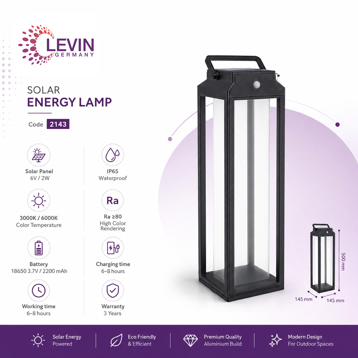 Levin Solar Pathway Light with Open Frame Design